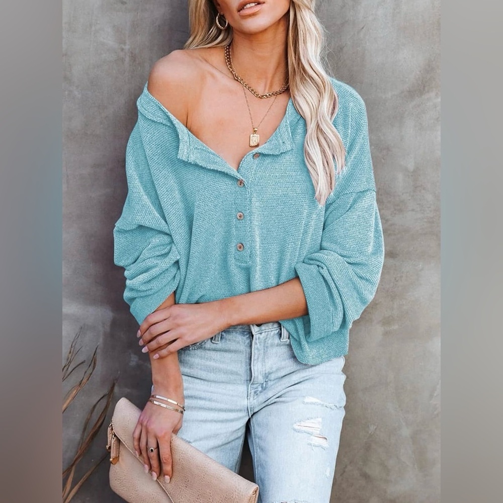 Bdcoco Women's V Neck Button Down Henley Casual Long Sleeve Knitted Crop Shirts - Picture 3 of 12